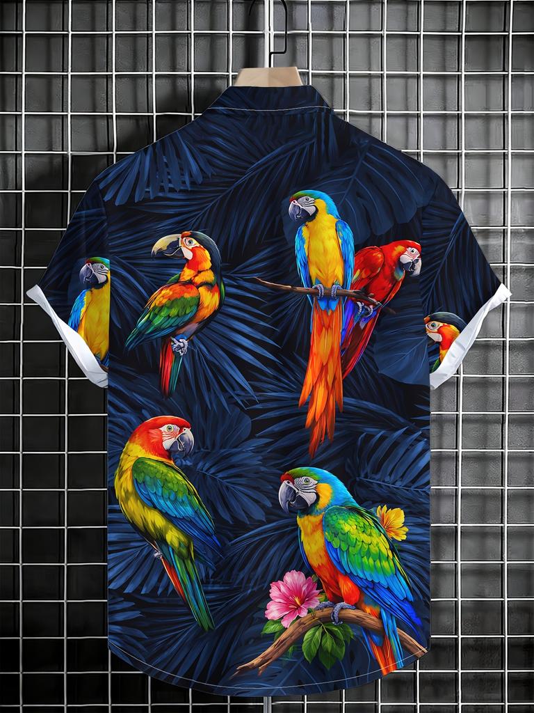 Men's Fashion Short Sleeve Shirt, Tropical Parrot Print Short Sleeve Shirt Trendy New Summer Outfit, Casual Daily Shirt, Vacation Beach Shirt, Ideal