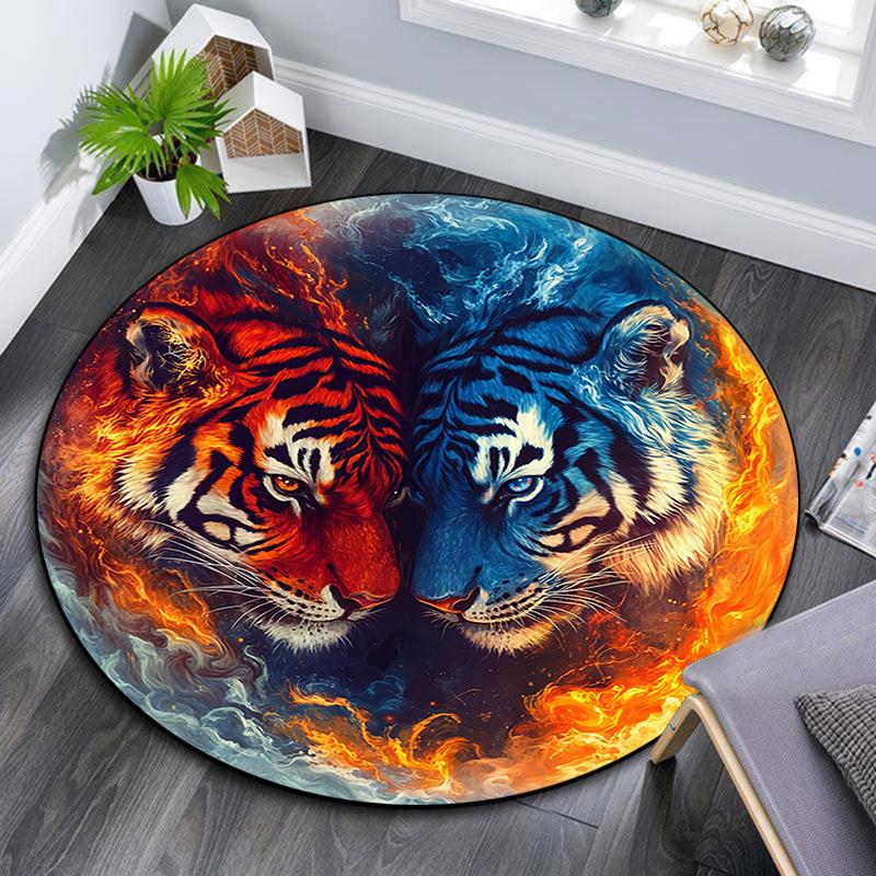 Yin Yang Tigers Round Area Rug,Carpet Rug for Living Room Bedroom Sofa Playroom Decor,Non-slip Floor Mat