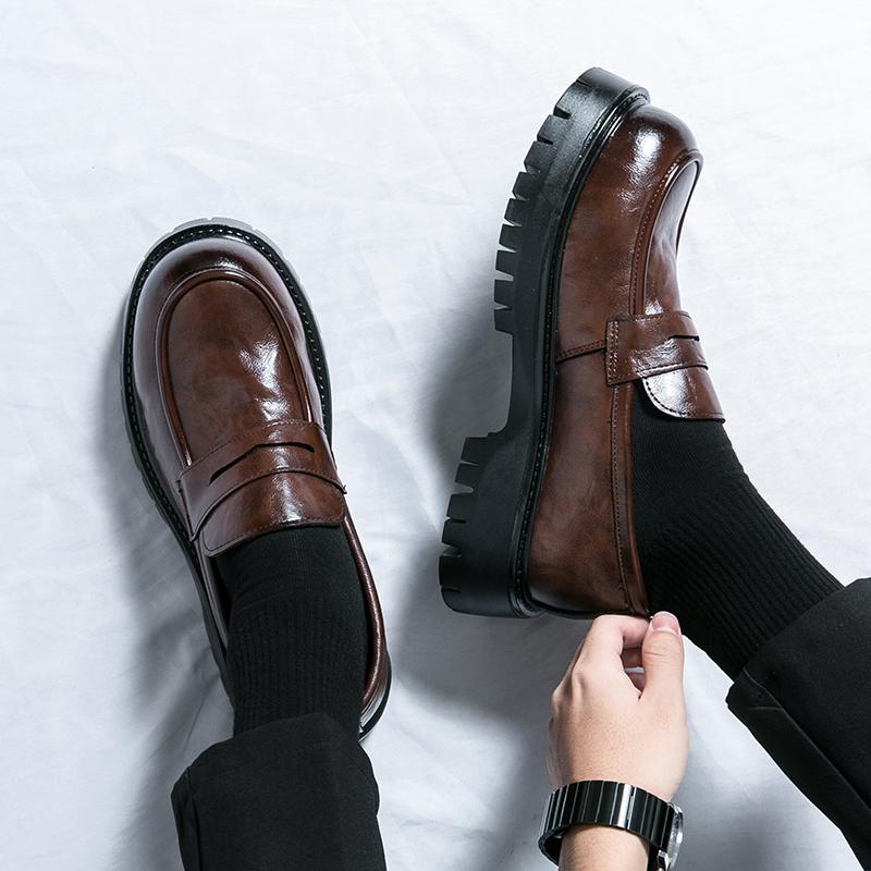 Men's Casual Leather Thick Soled Brown Shoes Business Fashion Spring British Style Loafers Mens Slip-on Outdoor Round Toe Shoes