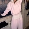 Velvet Pink Hoodie & Fur Collar Two-Piece Set - 25+ Years, Autumn/Winter, Age-Reducing Casual Style
