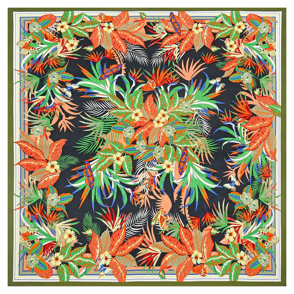 POBING Silk Scarf Women Large Shawls Floral Plant Print Stoles Square Bandana Luxury Kerchief Hijab Scarf Female Foulards 130CM