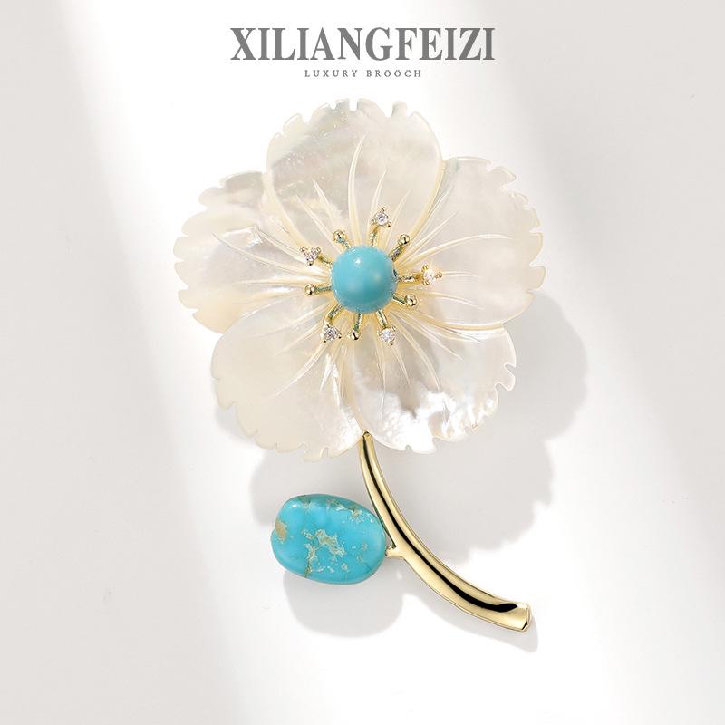 Xiliang Concubine Mother-of-Pearl & Blue Turquoise Peach Blossom Brooch – Elegant Coat Accessory Pin