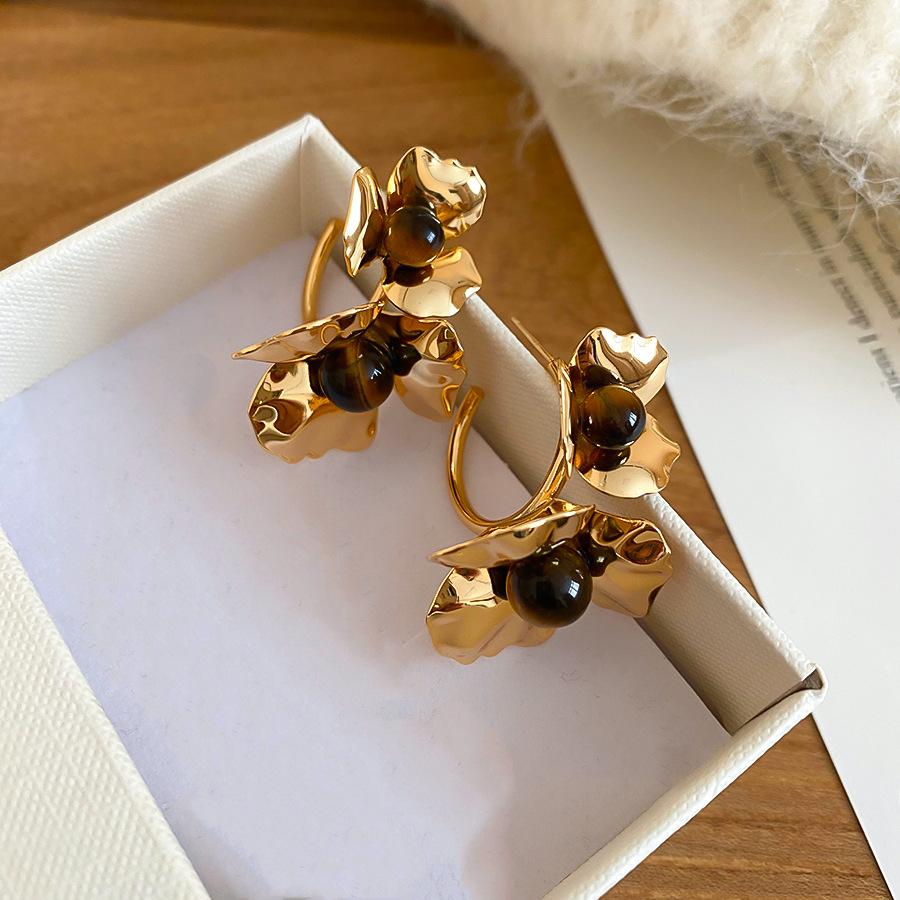 Серьги-пусеты с цветком из тигрового глаза 18 карат, серьги в стиле ретро, серьги для женщин
