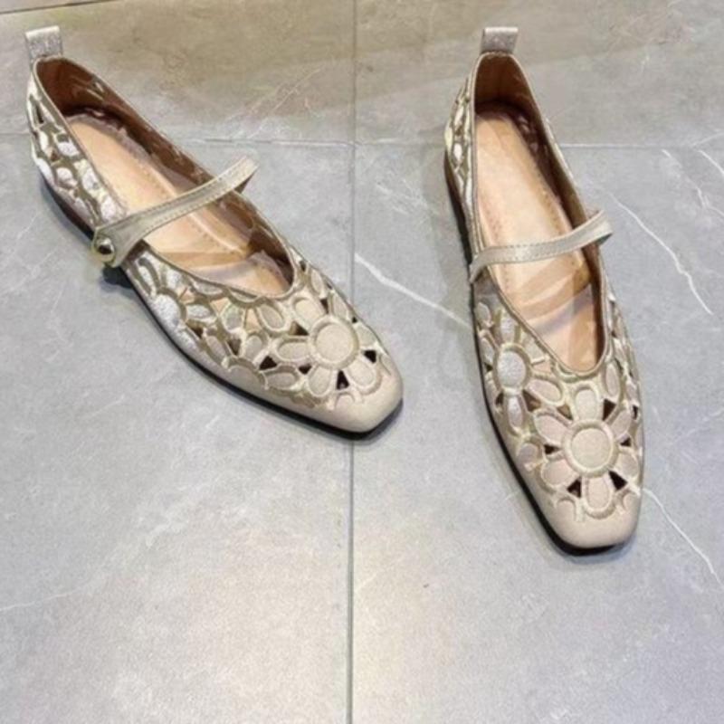 Fashion Summer New Square Head Shallow Mouth Fabric Hollow Breathable Metal Buckle Soft Sole Non-slip Low-top Shoes in The Heel Shoes