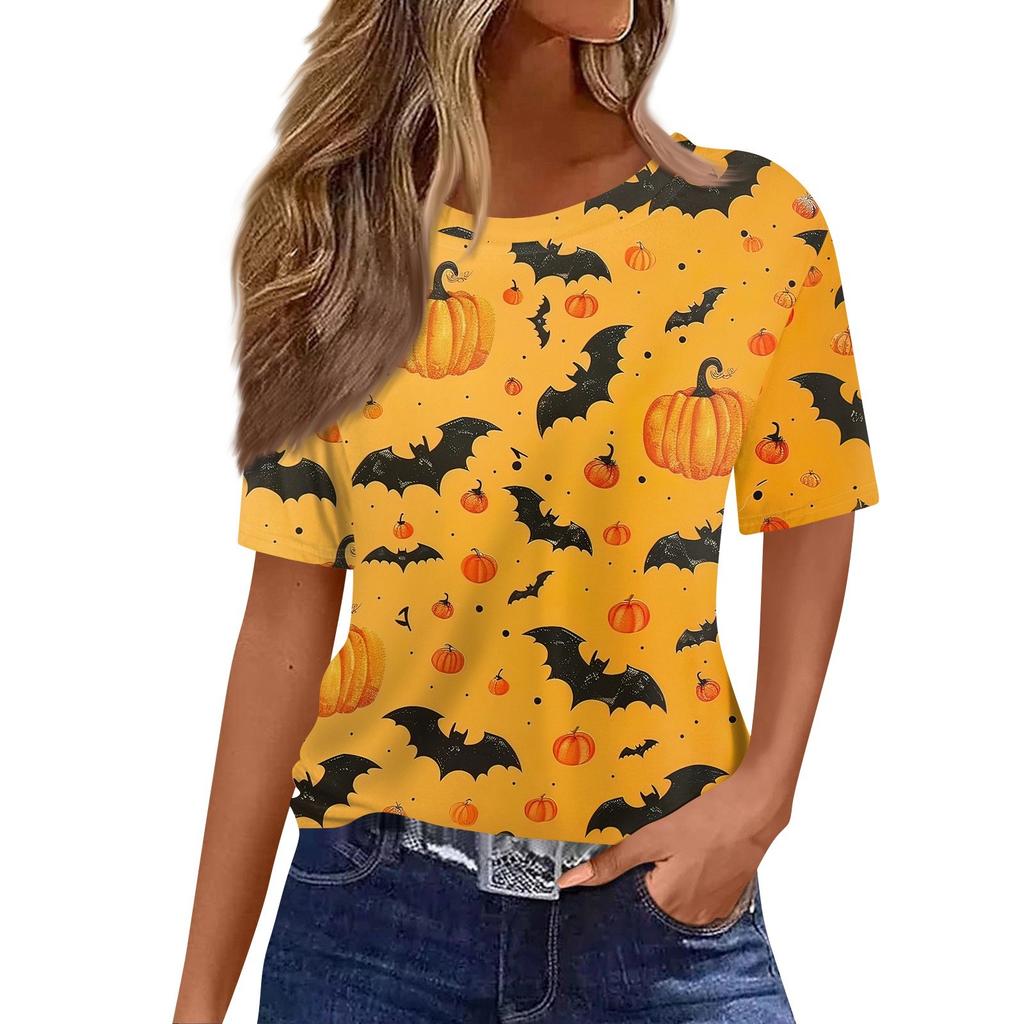 Dame Moteable Casual Kortermet Halloween-trykk Rund Hals Pullovertopp