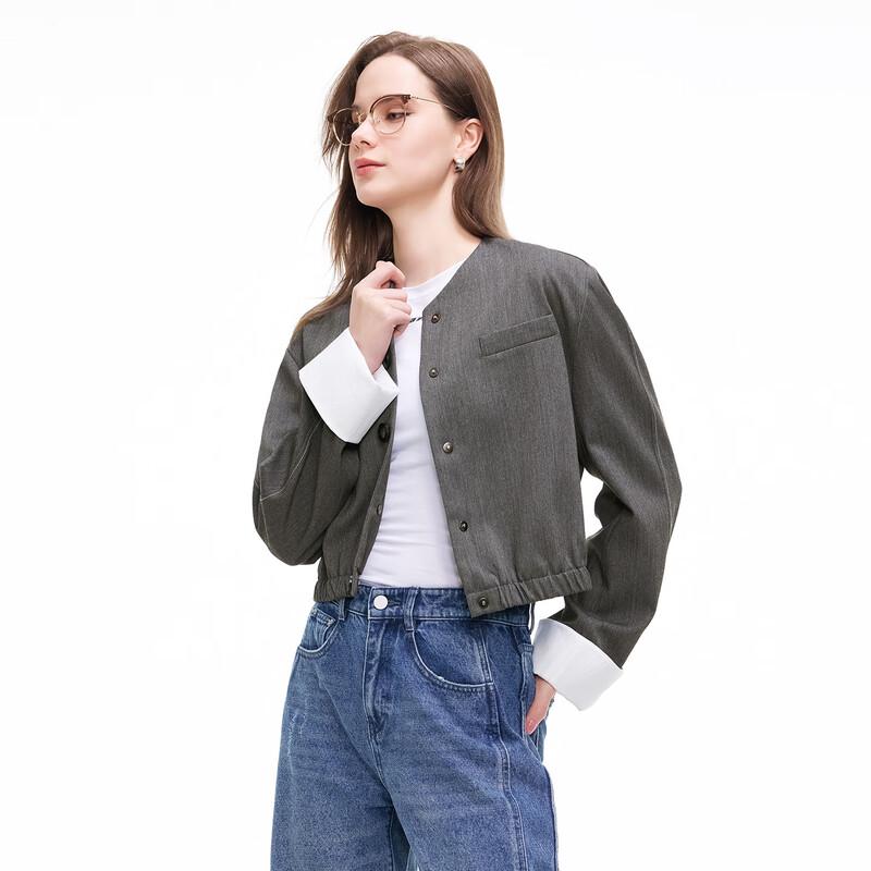 TaTu Contrast Cuff Waist-Cinching Short Jacket L