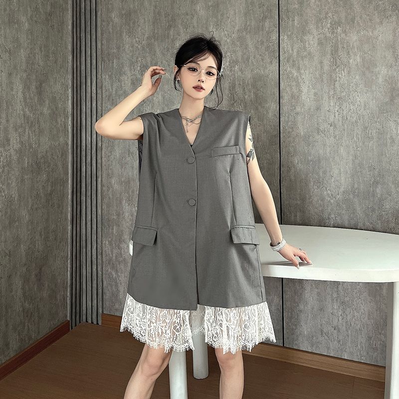 High Sense Grey Sleeveless Blazer Vest for Women Summer Lace Patchwork V Neck Tank Top Layered Outerwear Waistcoat