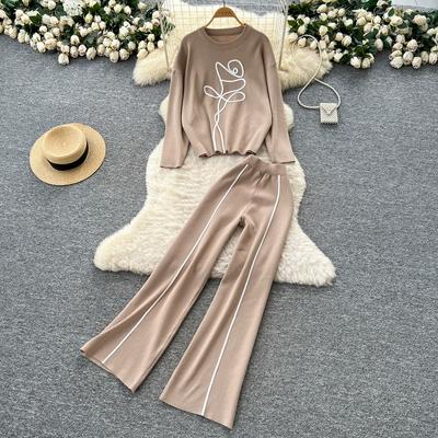 Herbst Winter Damen Lässig Gestrickter Pullover Hose Zweiteiler Langarm Blumen Pullover Tops und Weitbein Hose Trainingsanzug