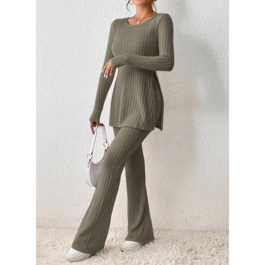 Women's Slim Two-Piece Outfit Long Sleeve Knit Top Elastic Waist Flared Pants Casual Tracksuit