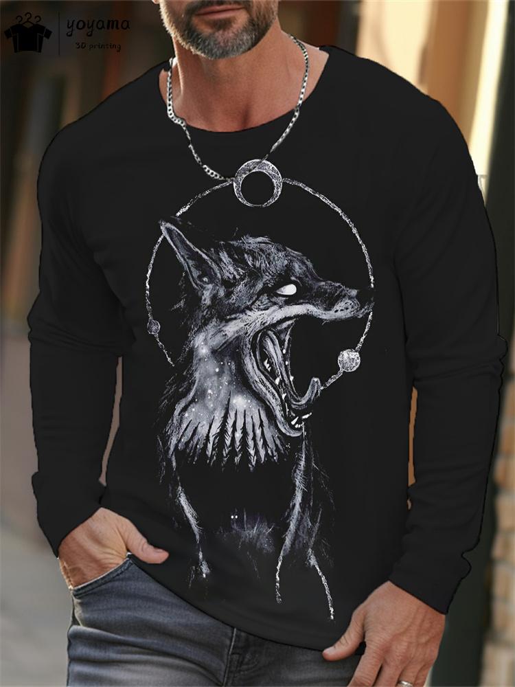 Wolf Print Men's Long Sleeve T-shirt Y2k Clothes Vintage Wolf Graphic T shirts Breathable T-shirts for Men Simple Men's Clothing