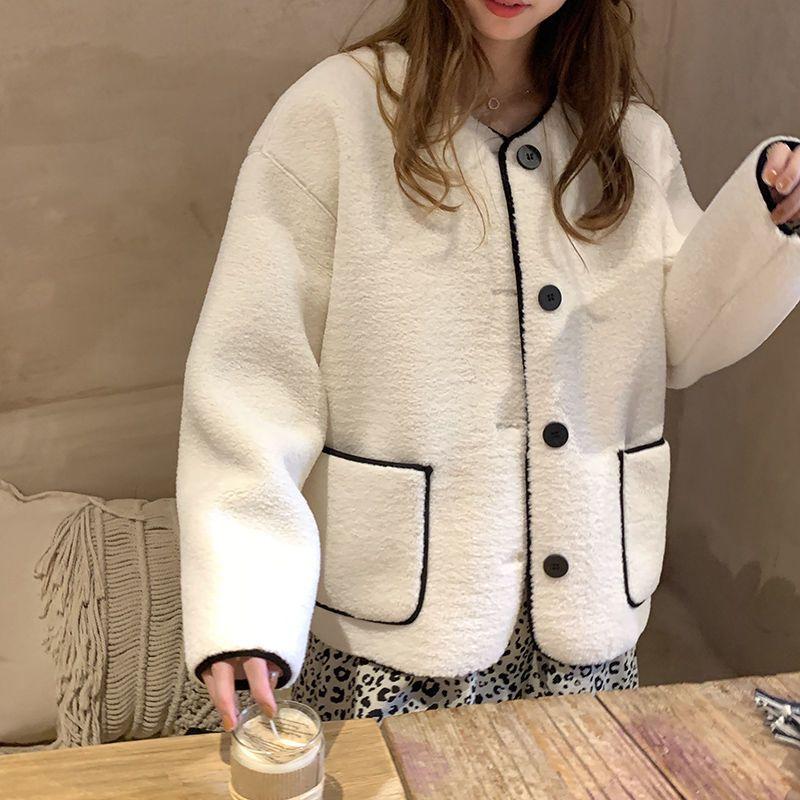 Women's Korean Style Lambswool Color Block Coat: Loose Fit, Contrast Stitching, Round Neck, Button Cardigan with Pockets, Long Sleeves.