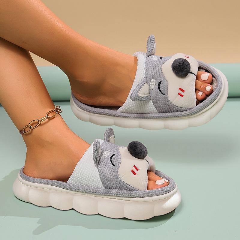 Corgi cute linen slippers women's four seasons home indoor thick bottom spring and autumn cotton and linen sandals summer