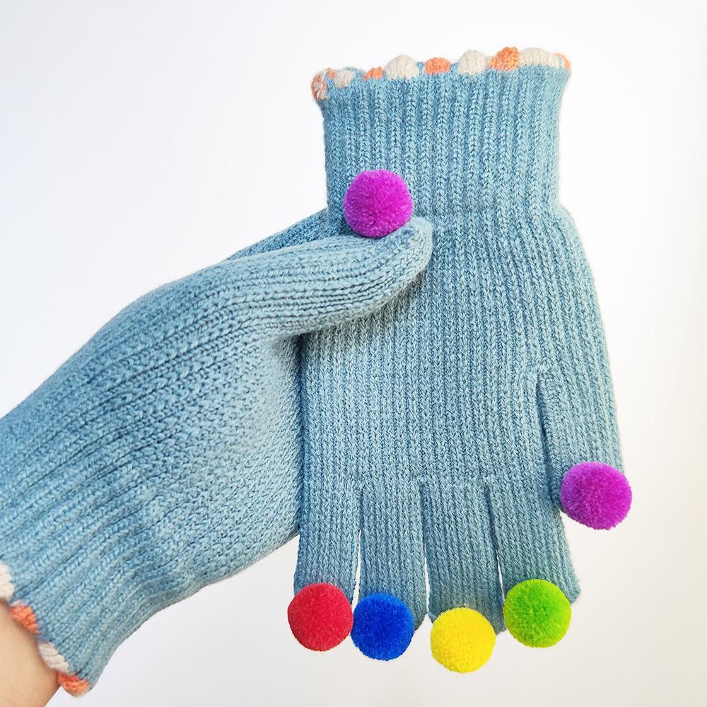 Knitted Five Finger Hair Ball Gloves Cute Little Jelly Beans Winter Women Touch Screen Warm Cycling Accessories