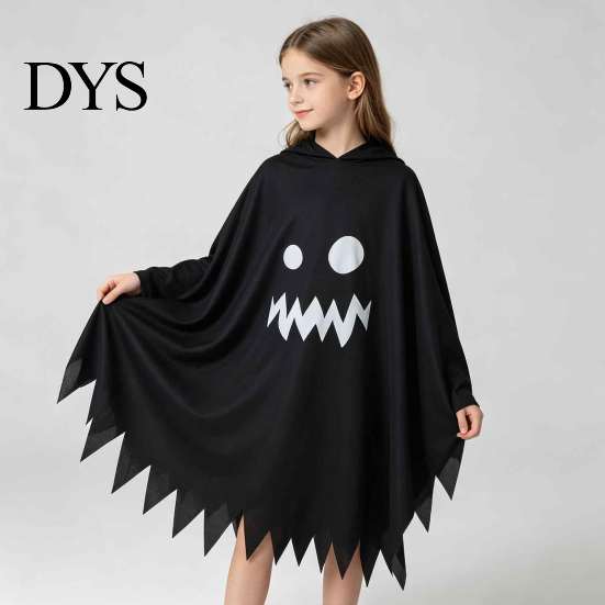 Indoor Outdoor Halloween Activity Wear Hooded Ghost Costume, White/Black Cape Costume for Kids Adults, Spooky Easy Loose Style Party Outfit with Wave