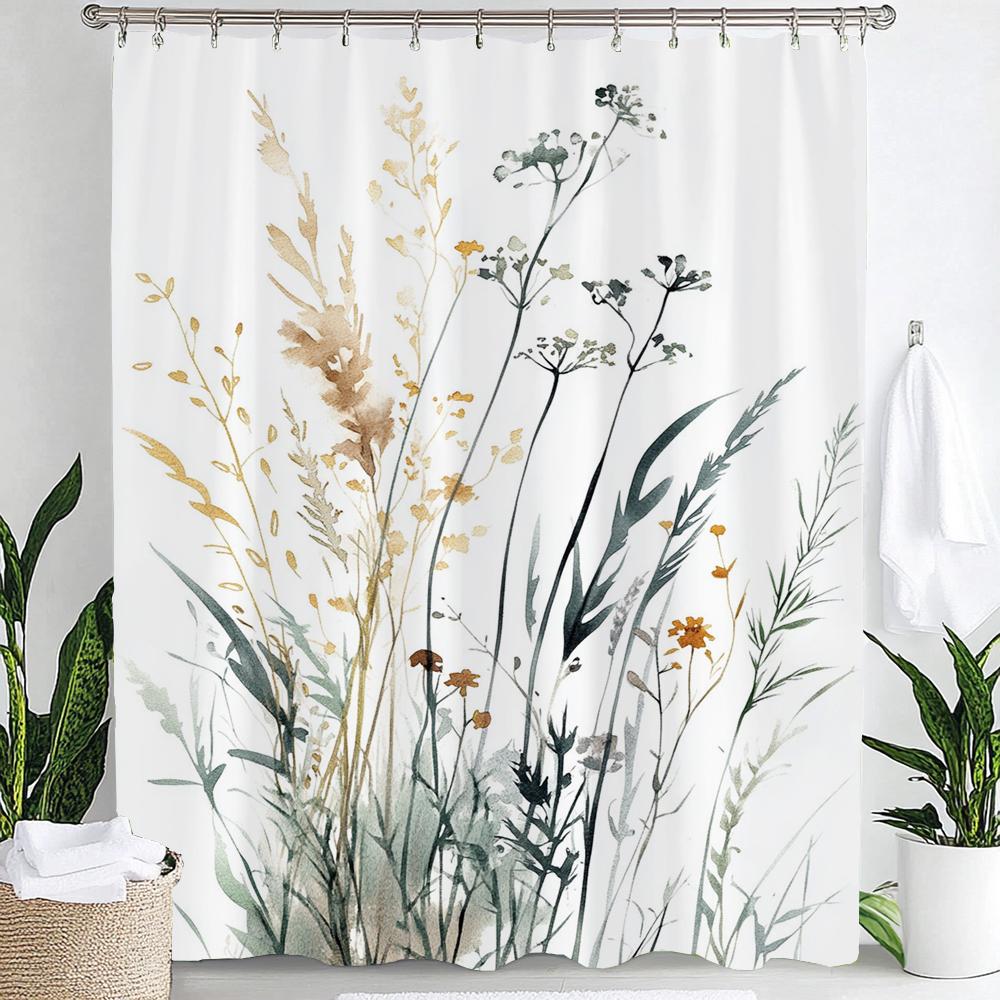 Watercolor Flower Leaves Printed Shower Curtain Partition Privacy Hanging Curtain With 12 Hooks Multiple Sizes Machine Washable