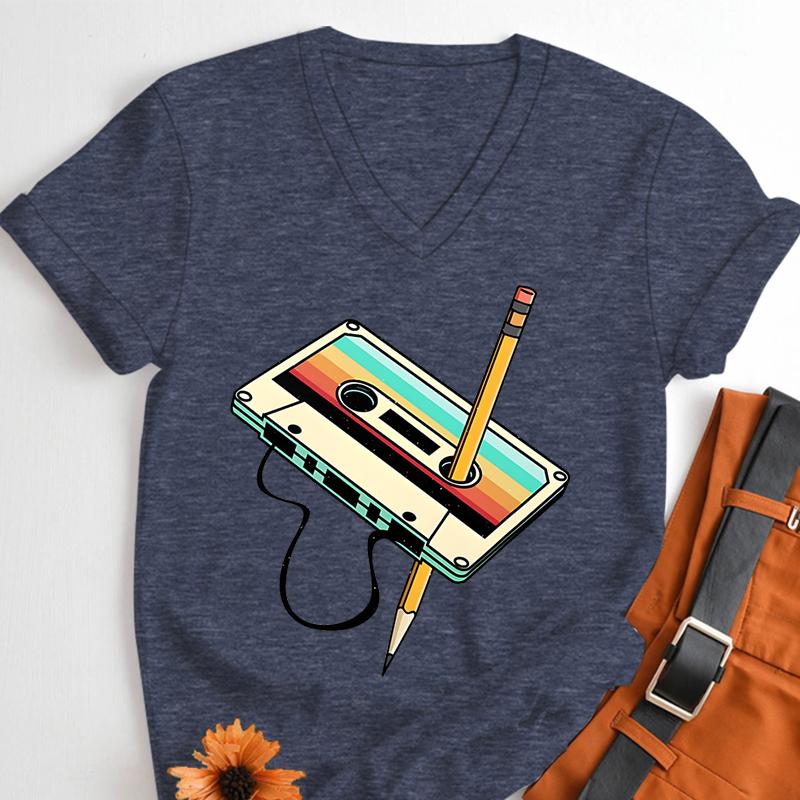 Vintage 80s Cassette Tape Pencil Print T Shirt Summer New Women Classics VNeck Tshirts Retro Throwback Music Lover Gift Tshirt