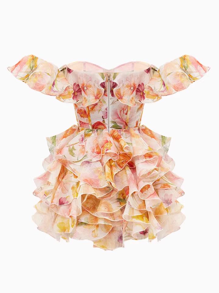 2026 Floral French Oil Painting One-Shoulder Backless Slimming Dress