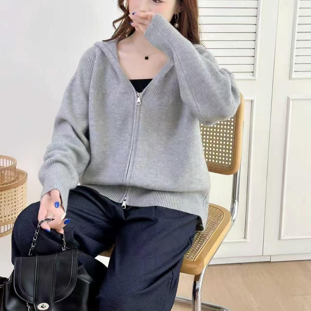 Hooded zipper knitted sweater women's autumn and winter new fashion lazy top loose sweater jacket sweater