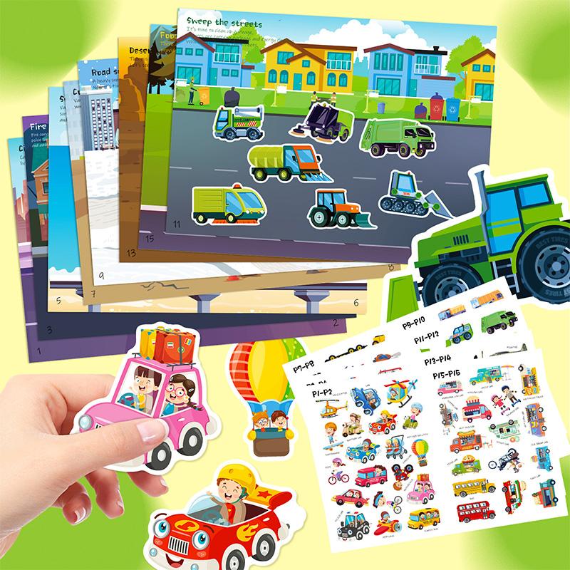 Cartoon Transportation Vehicles Sticker Books Kids DIY Handmade Stickers Quiet Book Focus Training Learning Cognition Toy Book