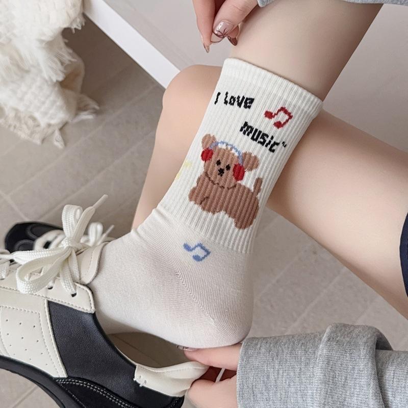 Female Autumn Cotton Polka Dot Striped Cartoon Puppy Cute Preppy Air Breathable Mid Tube Pile Socks
