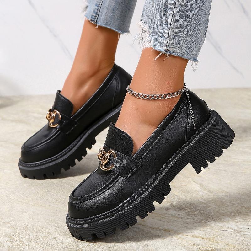 Women's Thick Heel Shoes Spring New Round Head Deep Mouth Metal Chain Thick Sole Anti-slip Wear-resistant Loafers
