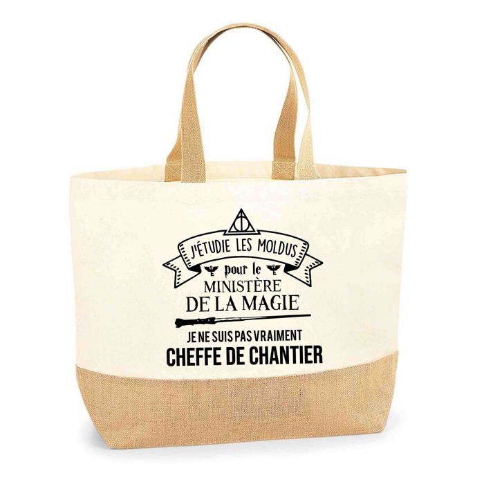 Sac Jute cheffe d'atelier Ministère de la Magie Femme Anniversaire | Cabas de Plage Courses Coton et Toile de Jute Idée Cadeau Femme