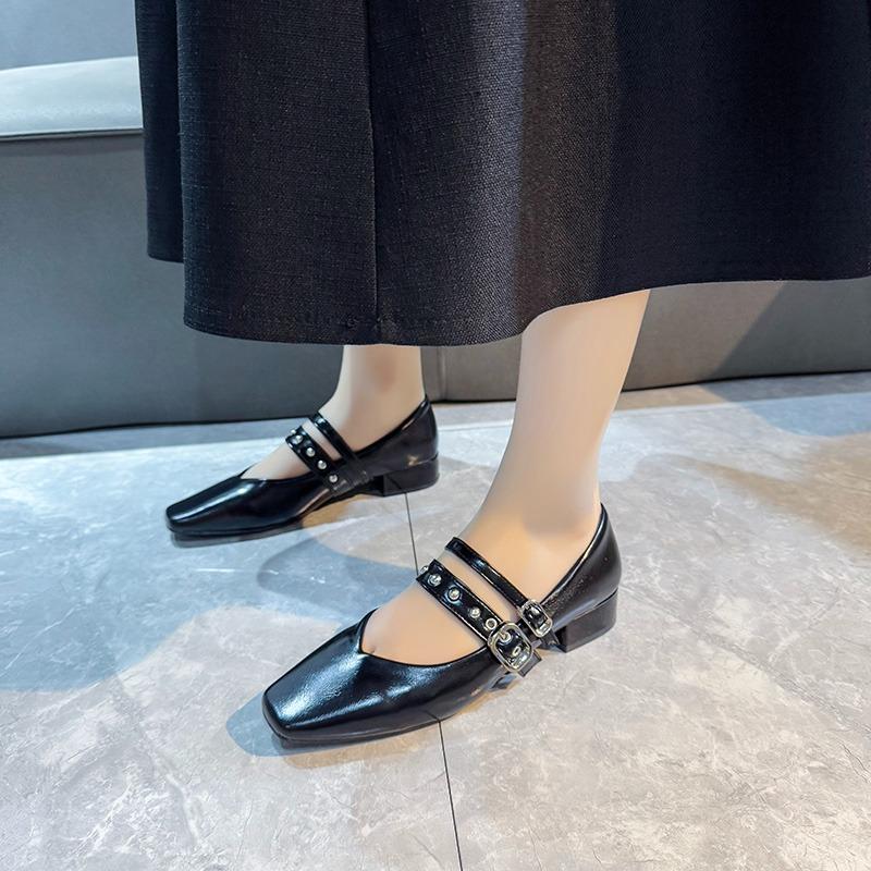 Fashion 2025 New Spring Autumn Women Double Buckle  Shoes Leather Square Head Square Heel Solid Color Women's Shoes