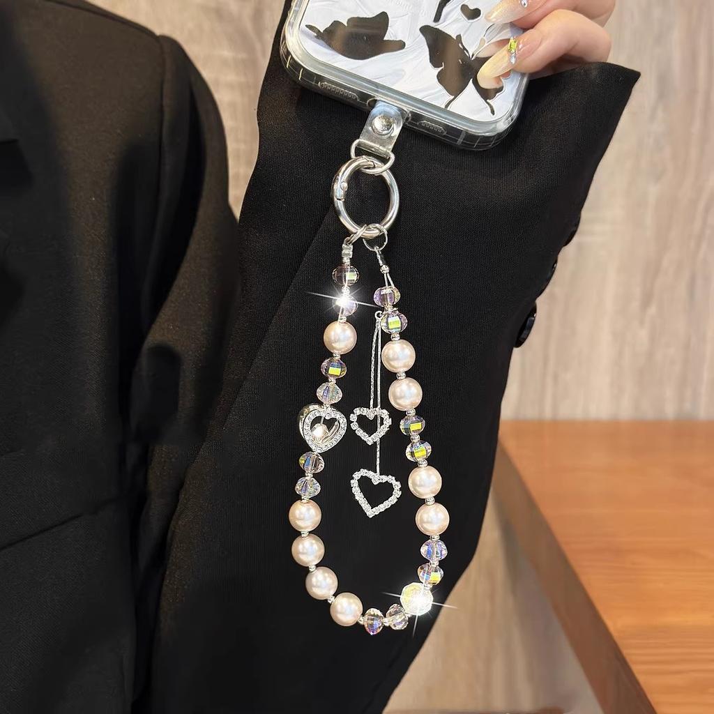 Premium Love Light Luxury Crystal Mobile Phone Lanyard Beaded Short Rope Pearl Wrist Women's Bag Pendant Glazed Diamond Hand Chain