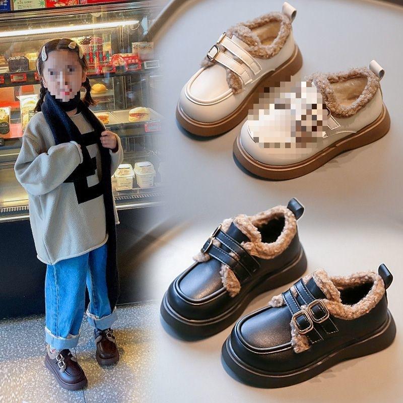 Girls' velvet small leather shoes 2025 autumn and winter new boys' lamb wool soft-soled cotton shoes British style warm princess shoes