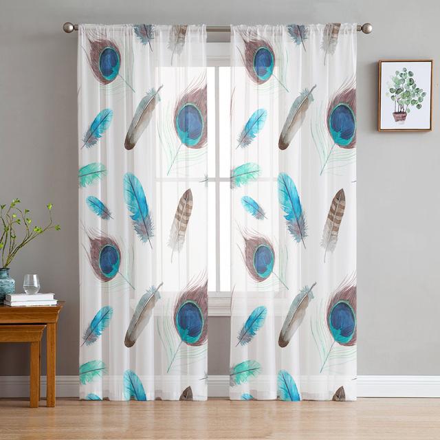 Peacock Feathers Green Curtain Window Tulle For Living Room Bedroom Kitchen Chiffon Sheer Window Treatment Decorations