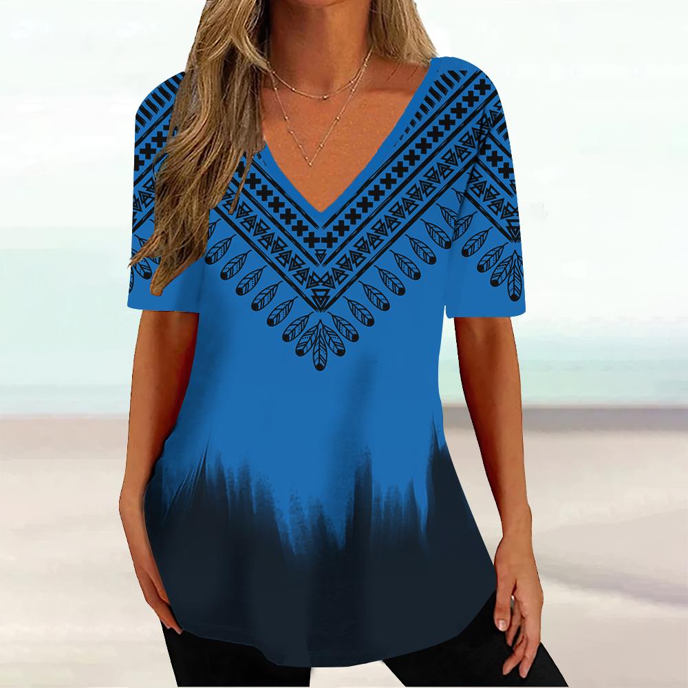 Summer V-neck 3D Geometric Striped Printed Top Fashionable Casual Short Sleeved Women's T-shirts