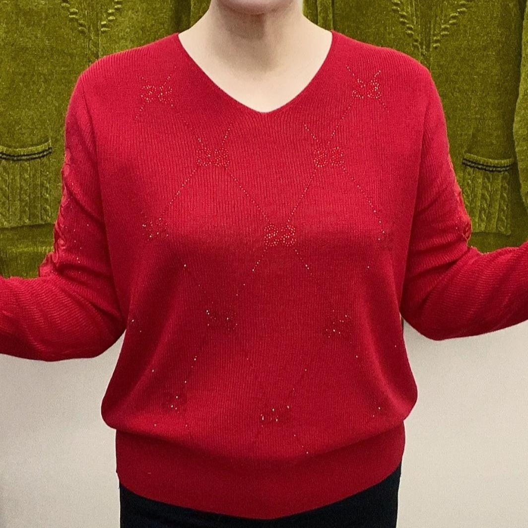 

Весенне-осенний женский свитер с V-образным вырезом, свободного кроя, со стразами, ажурный вязаный пуловер M красный