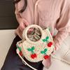 Yogodlns Bolsa de Palha Cereja Feminina Bolsa de Mão Tecida à Mão Formato de Lua Bolsa de Rattan Grande Capacidade Cordão Casual Bolsa de Ombro Cruzada para Praia