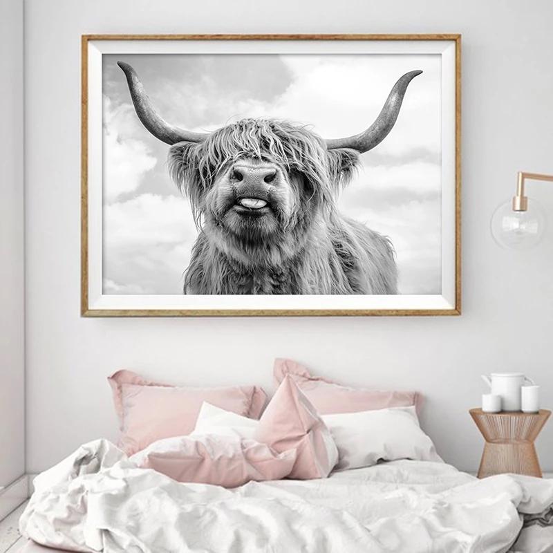 Black and White Highland Cow Cattle Canvas Painting Nordic Posters and Prints Wall Art Pictures for Living Room Home Decoration No Frame