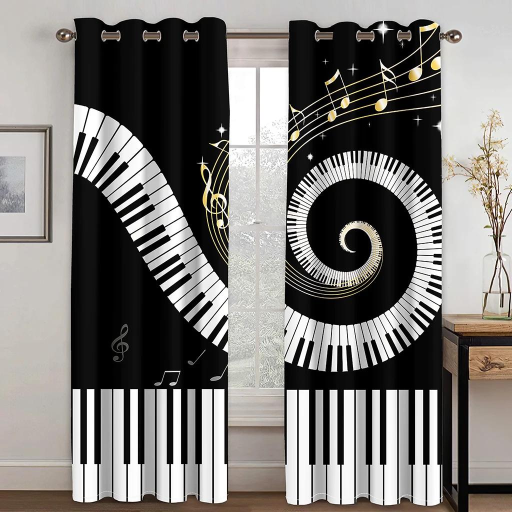3D Piano Black and White Notes Romantic Innovative Curtains Living Room Kitchen Bedroom Balcony Window Decor Curtains 2 Panels