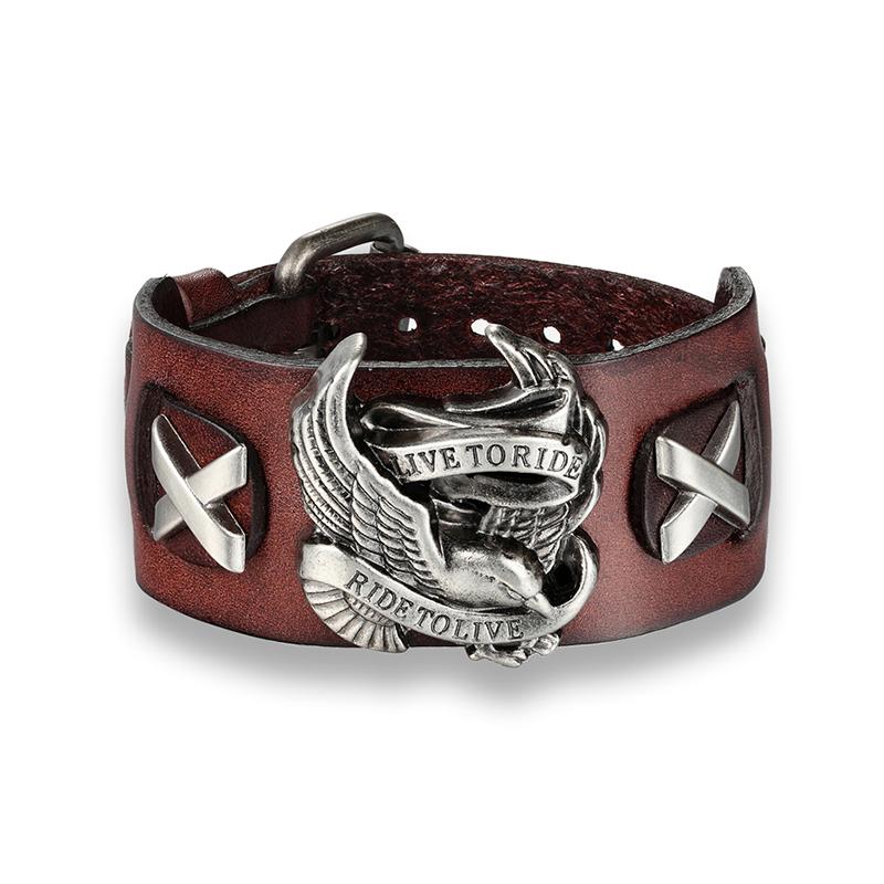 Ride To Live Bracelets Male Bird Skull Retro Bracelet Homme Genuine Leather Bracelet Men Woman Bracelets Bangles