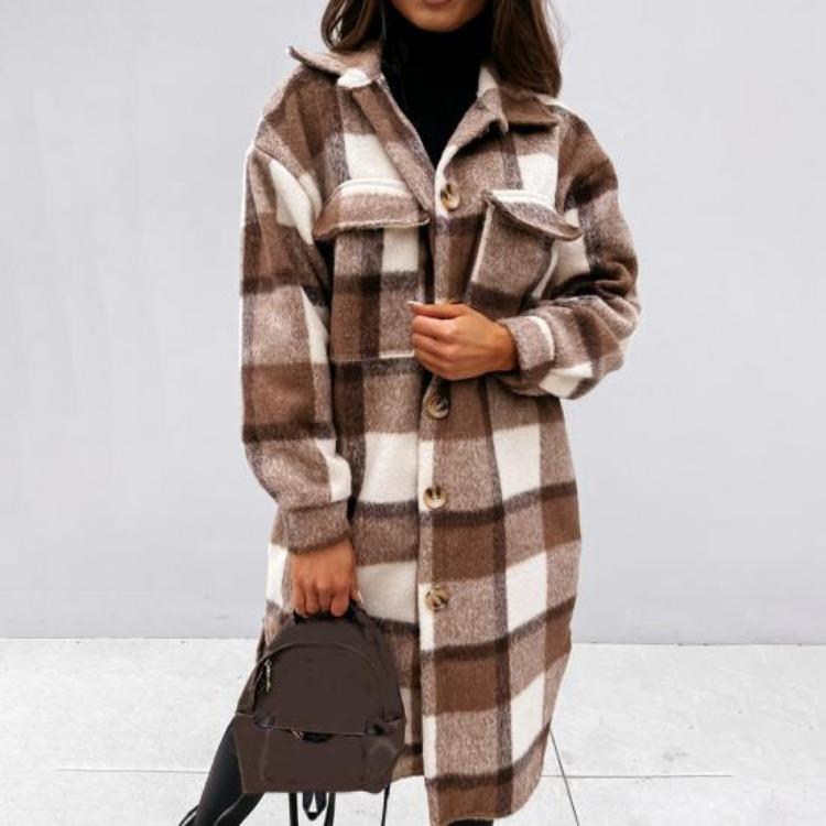 Women Woolen Coat Autumn Winter Plaid Print Turn Down Collar Long Sleeve Flap Pockets Outerwear