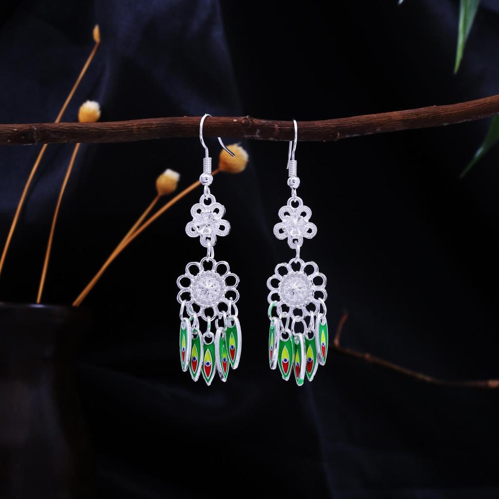 Ethnic Feather Tassel Dangle Earrings - Imitation Miao Silver Style, Popular Tourist Item, Cute Bean Design.