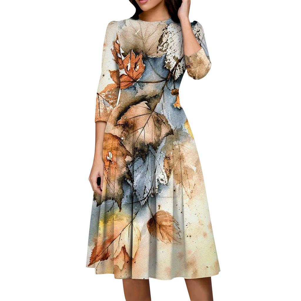 Damska sukienka casualowa i modna z 3/4 rękawami, kieszenią i zamkiem błyskawicznym z tyłu