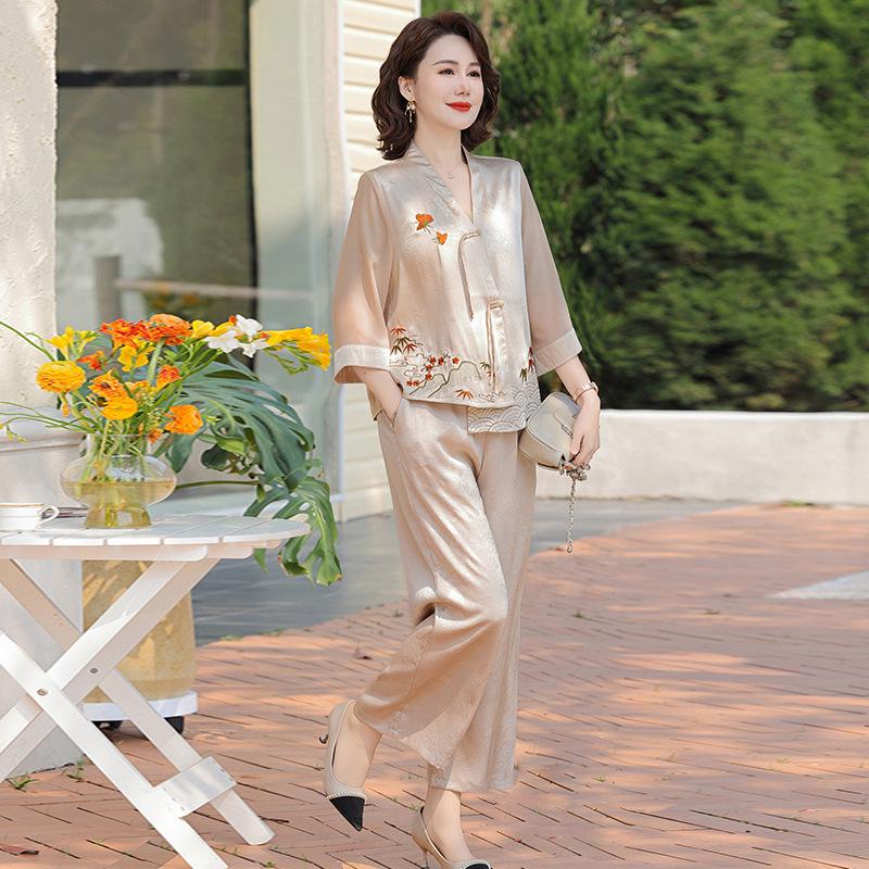 

Chic Chinese-Style Summer Two-Piece Set for Middle-Aged and Elderly Women – Loose and Slimming Fit 5XL (145-160 Jin)