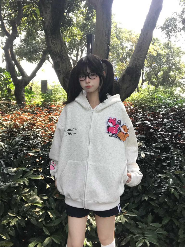 American embroidered kitten Velcro hooded sweater women's 2025 new loose lazy coat