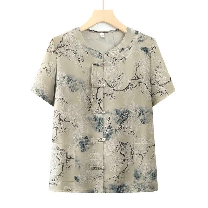 Chinese Style Plus Size Short Sleeve Blouse for Middle-Aged Women