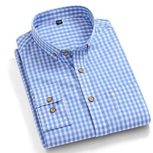 Thin Spring Summer 100% Cotton Shirts for Men Long Sleeve Checkered Dress Shirt Mens Blue Green  Men Clothing  Button Up Shirt