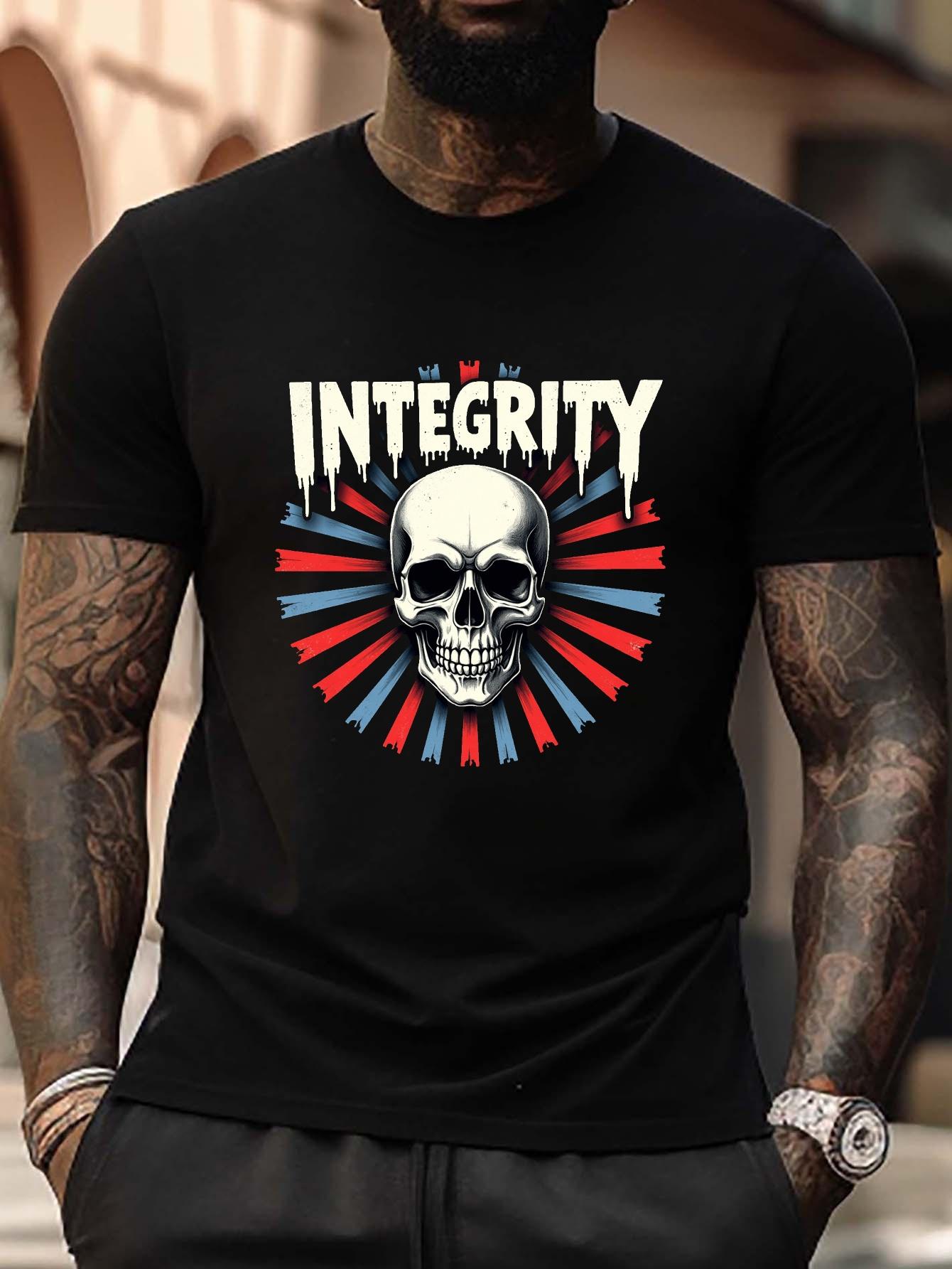 Skull INTEGRITY Graphic T-shirt - Plus Size Black Casual Short Sleeve Tee with Bold White Lettering & Red/Blue Geometric Skull Design XXXL