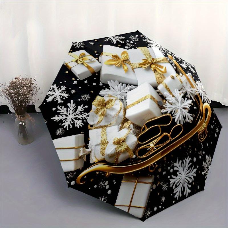 Traîneau Doré avec Cadeaux Emballés et Flocons de NeigeParapluie, Parapluie Compact Pliable 3 fois, Cadeau de Noël ES620
