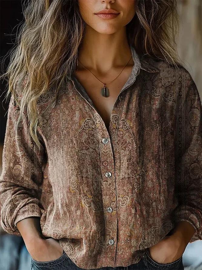 2026 European Retro Print Women s Long Sleeve Casual Shirt - Spring/Summer, Imitation Cotton Linen S