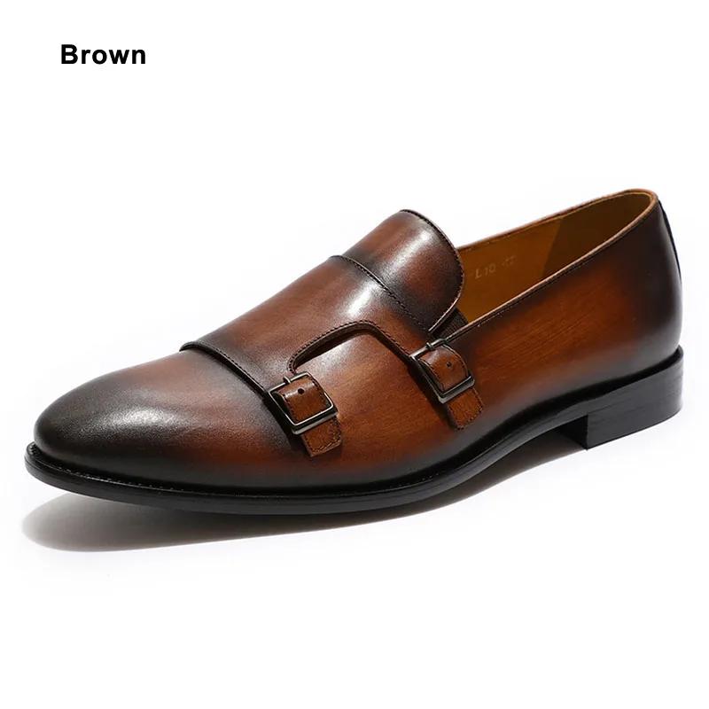 Fashion Fashion Gentleman Leather Men Monk Strap Loafer Shoes Slip On Elegant Men Dress Shoes Black Brown Double Buckle Strap Mens Shoes