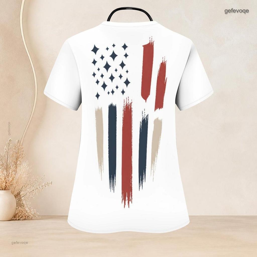Women Plus Size V Neck Short Sleeve Scrub Top Retro Brush Painting American Flag Star Print Nurse Uniform Top
