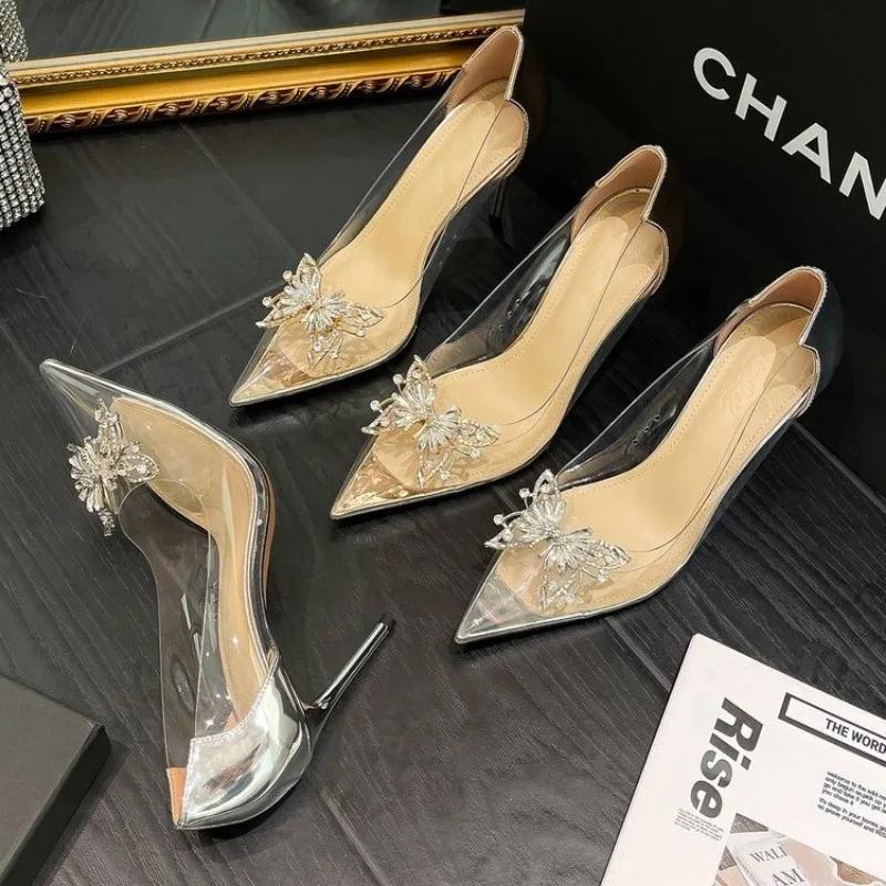 New Pointed Crystal Fairy Ladies Wind Sandals Rhinestone Butterfly-knot Transparent High Heel Women Sandals Fashion Shoes 2024