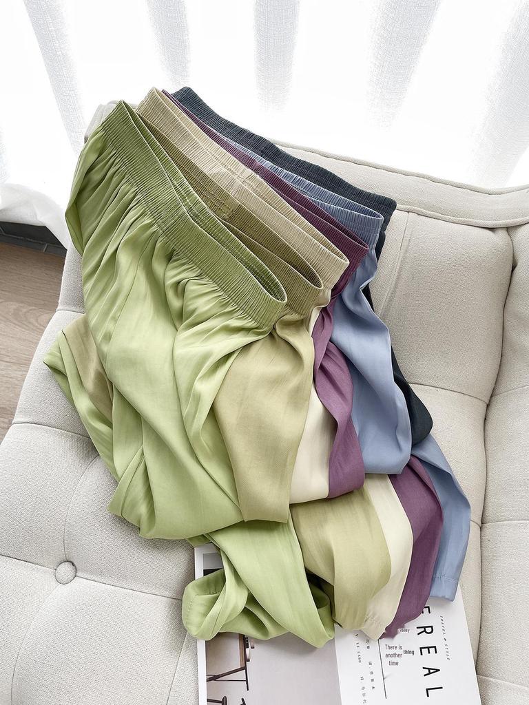 2026 Summer Women's Korean Style Ice Silk Wide-Leg Pants - High Elastic Drape, Leg-Lengthening, Casual Straight-Leg Design